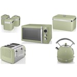 Swan Retro Green Dome Kettle, 4 Slice Toaster Digital Microwave, Bread Bin & Set of Canisters