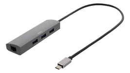 deltaco USB-C hub and network adapter, USB-C, RJ45, 3x USB-A 3.0