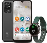 Doro 8100 + Watch - Smartphone 4G Facile pour Seniors - Écran 6.1" - Triple Caméra- Montre Connectée Femme Homme - Podomètre - Haute Lisibilité - Touche d'Assistance avec GPS (Noir+Montre Vert)