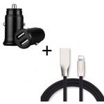 Pack Chargeur Lightning pour IPHONE 11 Pro Max (Cable Fast Charge + Mini Double Prise Allume Cigare USB) APPLE IOS - NOIR