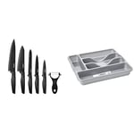 Tower T81522B Essentials Kitchen Knife Set, Stone-Coated with Stainless Steel Blades, Black, 6-Piece & Wham Silver 5 Compartment Plastic Cutlery Holder Tray Drawer Organiser Rack