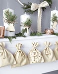 24 stk Beige Advent-Poser / Julekalender med Tall i Treverk og Hyssing
