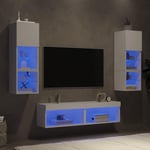 Tv-møbel til væg 6 dele med LED-lys konstrueret træ hvid