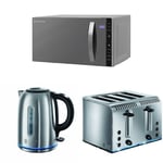 Russell Hobbs Silver Flatbed Microwave, 23 L, 800 W with Buckingham Quiet Boil Kettle, 1.7 L, 3000 W and Buckingham 4 Slice Toaster - Brushed Stainless Steel Silver