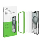 Belkin ScreenForce TemperedGlass Screen Protector for iPhone 15, Slim, Crystal Clear, Scratch-Resistant, Full Screen Coverage, Easy Align Frame for Bubble Free Application, 2-Pack- Amazon Exclusive