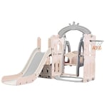 Merax Kids Slide Swing Set Climbing Frame | 5 in 1 Multifunctional Toddler Slide with Climb Ladder Storage Swing Basketball Hoop | Pink