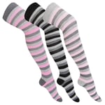 Unbranded Womens/ladies striped knee high socks (pack of 3) light grey/gre