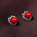 SHUX Earrings S925 Silver Needle Earrings Female Pearl Earrings Round Diamond Earrings Jewelry-Platinum Red Beads