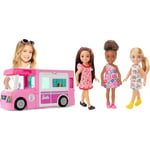 Barbie 3-in-1 Dream Camper, Fully-Furnished Dreamcamper Transformable into Truck, Boat, and House with 60 Toy Accessories & Dolls, Set of 3 Chelsea Dolls with Removable Dress and Shoes, HJV92