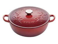 Le Creuset Holly Cast Iron 26cm Soup Pot/ Marmite Design Christmas - Red /Cerise