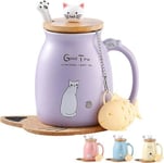 Cat Mug Cute Ceramic Coffee Cup with Lovely Kitty lid Stainless Steel Purple 