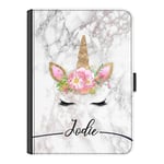 Personalised Initial Ipad Case For Apple iPad Air 4 (2020) 10.9 inch, Grey Mable Unicorn with Custom Black Name Line, 360 Swivel Leather Side Flip Wallet Folio Cover, Unicorn Ipad Case
