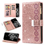 QC-EMART for Samsung Galaxy A71 Phone Wallet Case Large Capacity Card Holders Zipper Pocket Flip Cover Glitter PU Leather Magnetic Blocking Ladies Purse Clutch for Samsung A71 Rose Gold Snowflake