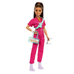Barbie Doll in Trendy Pink Jumpsuit with Storytelling Accessories and Pet Puppy, Brown Hair in High Ponytail, HPL76