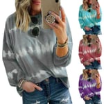 Women Tie Dye Casual Long Sleeve Loose Baggy Pullover Shirts Grey 3xl