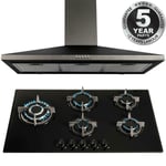 SIA Black 90cm 5 Burner Gas On Glass Hob And Chimney Cooker Hood Extractor Fan
