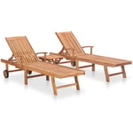 Helloshop26 - Lot de 2 transats chaise longue bain de soleil lit de jardin terrasse meuble d'extérieur avec table bois de teck solide
