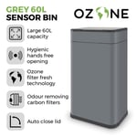 Tower Ozone Sensor Bin, Large 60L, Hands Free, Carbon Filter, Grey T938023GRY