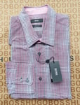 New Hugo BOSS grey red checked long sleeve regular smart casual suit shirt LARGE