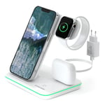 CANYON Wireless Charger 3 in 1 Compatible with iPhone Apple Watch, and Airpods Fast Quick Charge Station for Qi Devices Touch Control Backlight Desktop Charging System, White