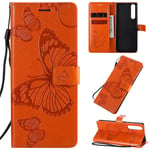 Sony Xperia 1 II 2020 Case, SATURCASE Butterfly Embossing PU Leather Flip Magnet Wallet Stand Card Slots Protective Case Cover with Hand Strap for Sony Xperia 1 II 2020 (Orange)