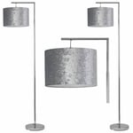Set of 2 Chrome Angled Floor Light Standard Lamps Grey Crushed Velvet Shades
