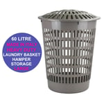60L Circular Plastic Laundry Linen Washing Basket Bin Storage Hamper With Lid