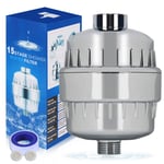 Shower Filter 15 Stage to Remove Chlorine and Fluoride, High Output with Vitamin C for Hard Water, 2 Cartridges Included, Consistent Water Flow Showerhead Filter