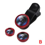 3 In1 Fish Eye+wide Angle+macro Camera Clip On Lens Kit For B Red