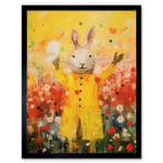 Rabbit in a Yellow Rain Mac Oil Painting Bright Floral Meadow Kids Bedroom Nursery Art Print Framed Poster Wall Decor 12x16 inch