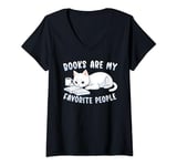 Womens Books Are My Favorite People Cat with Coffee Mug Book Lovers V-Neck T-Shirt