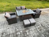 6 Seater Outdoor Rattan Sofa Set Garden Furniture Gas Firepit Dining Table with 2 Small Footstools