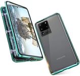 Case for Samsung Galaxy S20 Ultra Cover Adsorption Magnetic Metal Bumper Transparent Tempered Glass 360 Degrees Protection Case Scratch-Resistant Shockproof Flip Cover [Camera Lens Protector],Green