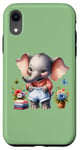 Coque pour iPhone XR Bébé éléphant vert en tenue, fleurs et papillons