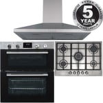 SIA 60cm Stainless Steel Double Built Under Oven, 70cm Gas Hob & Cooker Hood