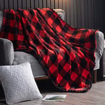 TEALP Fleece Throw Blanket with Pom Pom Fringe | Buffalo Plaid Checkered Red and Black Flannel Throw for Couch Sofa Bed Suitable for All Season(130x 150cm)