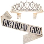 Women Ladies Birthday Queen Tiara And Sash Crystal Crown Headband Shoulder Strap Set Gold GIRL