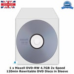1 x Maxell DVD-RW Storage 4.7GB 2x Speed 120min Re-Writable DVD Discs in Sleeve