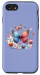 Coque pour iPhone SE (2020) / 7 / 8 Illustration inspirée de la nature avec papillon coloré et floral bleu