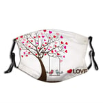 Hicyyu Comfortable Windproof Face cover,Heart Leaves on Tree with Birds in Love on a Swing Cute Cartoon for Valentines Day,Printed Facial Decorations for Everyone