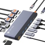 NOVOO Docking Station Double Moniteur, Hub USB C Dual HDMI 4K 60Hz, Displayport, VGA, Gigabit Ethernet, PD 100W, USB x5, SD/TF et 3.5mm Audio, Station d'accueil pour MacBook HP Lenovo Dell