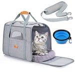 Morpilot Sac de Transport pour Chat et Chien approuvé par Les compagnies aériennes avec bandoulière réglable, Tapis Amovible, gamelle (Chat Max 43,9 x 31 x 34 cm, Gris Clair)