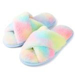 riemot Chaussons Femme Pantoufles en Mousse à Mémoire de Forme Antidérapantes et Confortables Chaussons Femme Hiver Pelucheuses Pelucheuses Bout Ouvert Slipper Pour Intérieur/extérieur,Rainbow,EU38-39