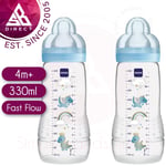 MAM Baby Feeding Bottle 330ml│Fast Flow Soft Teat │Anti-Colic│2pk│+4m│Blue