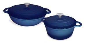 Smith-Style 2 Piece Set Enameled Cast Iron Casserole Dish with Lid Non-Stick Pot with Ceramic & Enamel Coating - 24cm Round Dish & 30cm Shallow Dish - Navy Blue