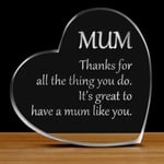 O'Loré Mum Engraved Glass Heart Crystal Gift for Christmas Birthday Mother's Day Mummy from Son Daughter Husband Sentimental Saying MUM Thanks for All The Things You Do