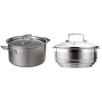 Le Creuset 3-Ply Stainless Steel Deep Casserole with Lid, 24 x 13.3 cm, Black & Le Creuset Stainless Steel Multi Steamer Insert with Glass Lid, for use with 3Ply Stainless Steel Pans, 16 cm to 20 cm