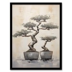 Japan Bonsai Trees Oil Painting Pallet Knife Neutral Grey Tone Textured Artwork Art Print Framed Poster Wall Decor