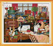 Joy Sunday Cross Stitch Kit 14CT Stamped Embroidery Kits Precise Printed Needlework - The cat and Sewing Machine 54×48CM
