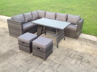 Dark Mixed Grey Rattan Garden Outdoor Corner Sofa Set Rectangular Dining Table Small Footstools 8 Seater